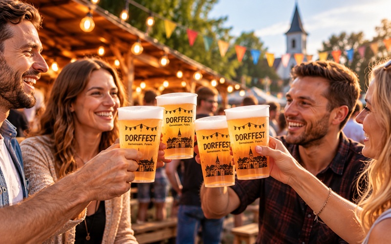 Gäste stoßen mit orange bedruckten Dorffest-Mehrwegbechern an. Im Hintergrund stehen Marktbuden mit Lichterketten.