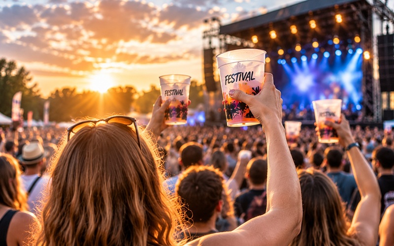 Eine Festivalbesucherin hält einen bedruckten Mehrwegbecher hoch. Vor ihr stehen Konzertgäste und eine beleuchtete Bühne bei Sonnenuntergang.