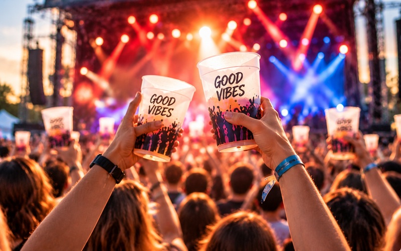 Konzertbesucher halten bedruckte Mehrwegbecher mit dem Aufdruck „Good Vibes“ vor einer rot und blau beleuchteten Bühne hoch.