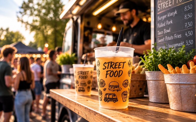 Ein mit „Street Food“ und Imbissmotiven bedruckter Mehrwegbecher steht neben Pommes auf dem Tresen eines Foodtrucks.