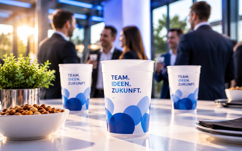 Weiß-blaue Mehrwegbecher mit dem Aufdruck „Team. Ideen. Zukunft.“ stehen auf einem Tisch. Dahinter unterhalten sich Gäste einer Firmenveranstaltung.