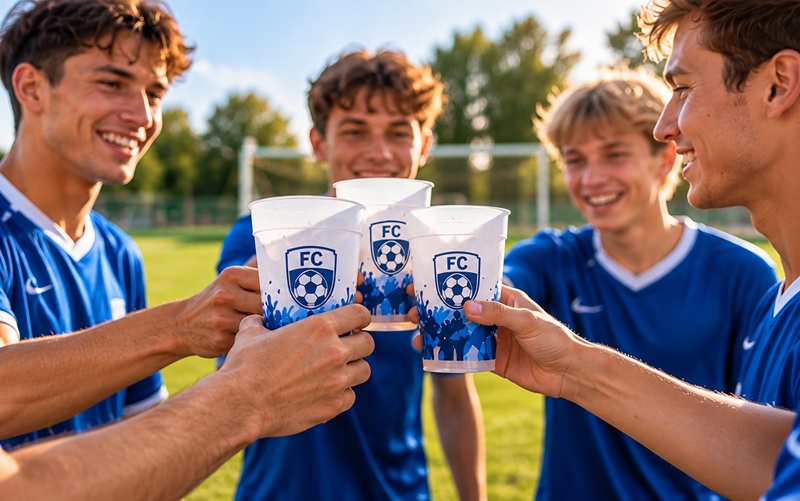 Vier Fußballspieler in blauen Trikots stoßen am Spielfeldrand mit weißen Mehrwegbechern mit blauem Vereinsmotiv an.