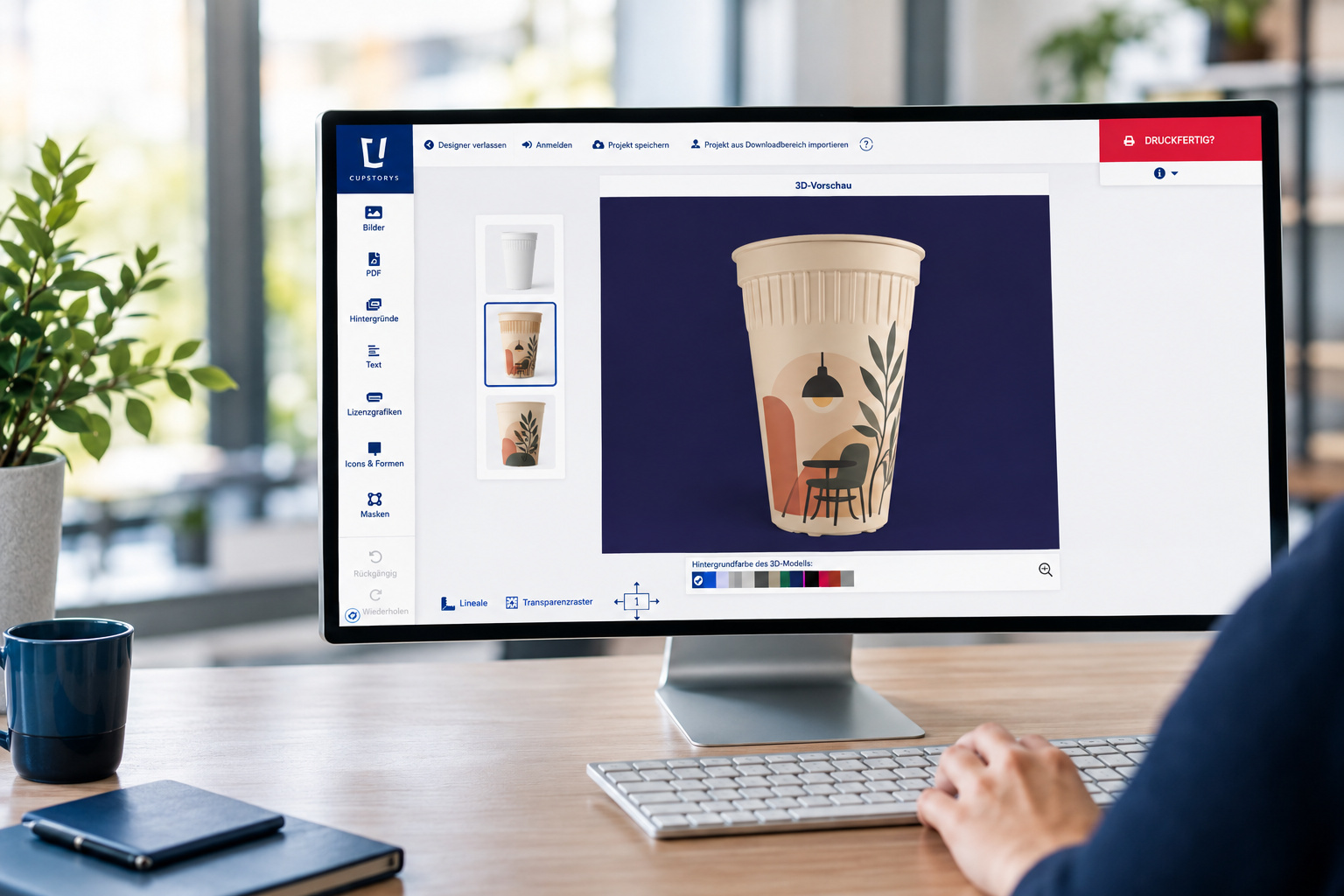 Ansicht des 3D-Konfigurators mit Logo auf dem Becher
