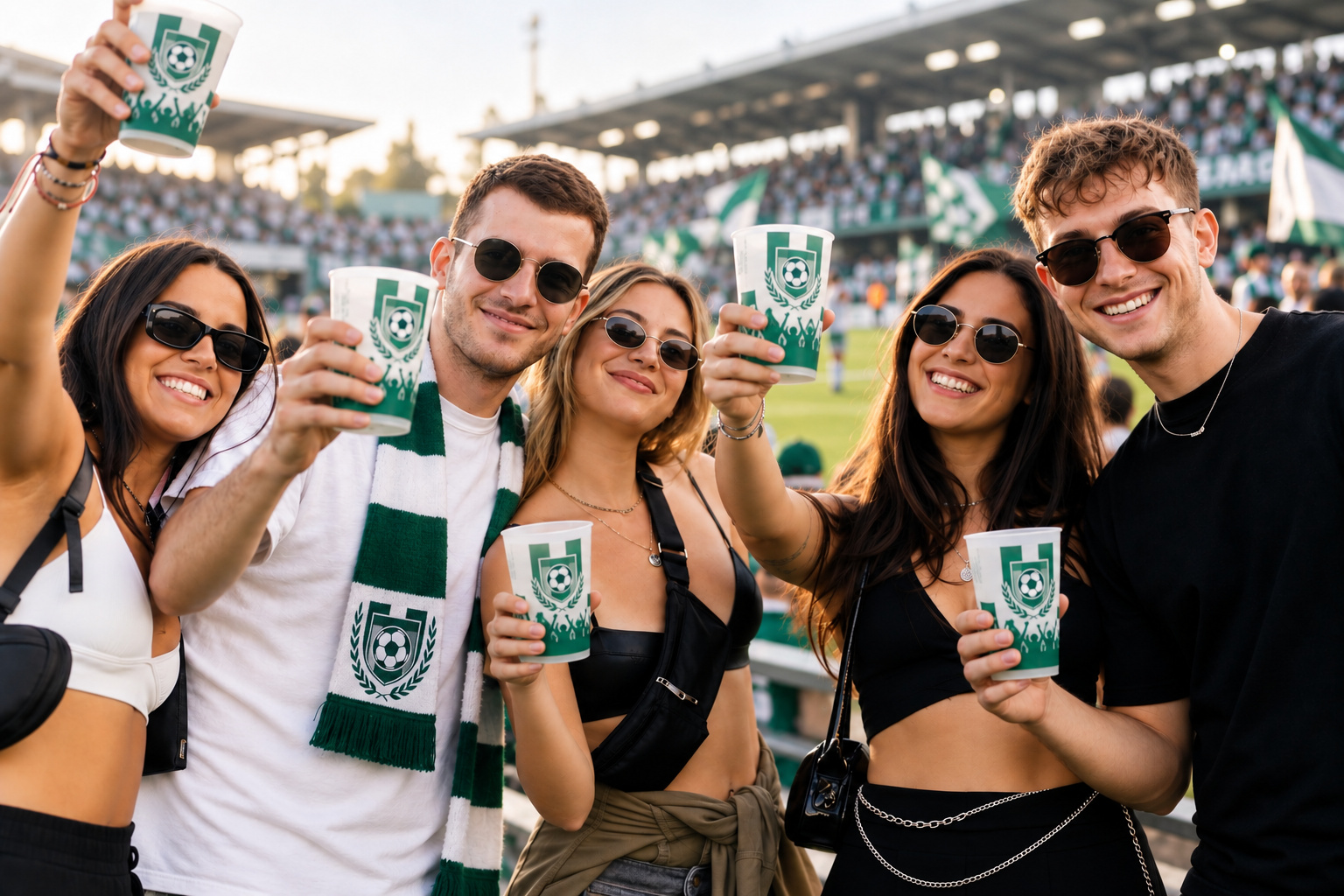 Fans mit bedruckten Vereinsbechern beim Heimspiel