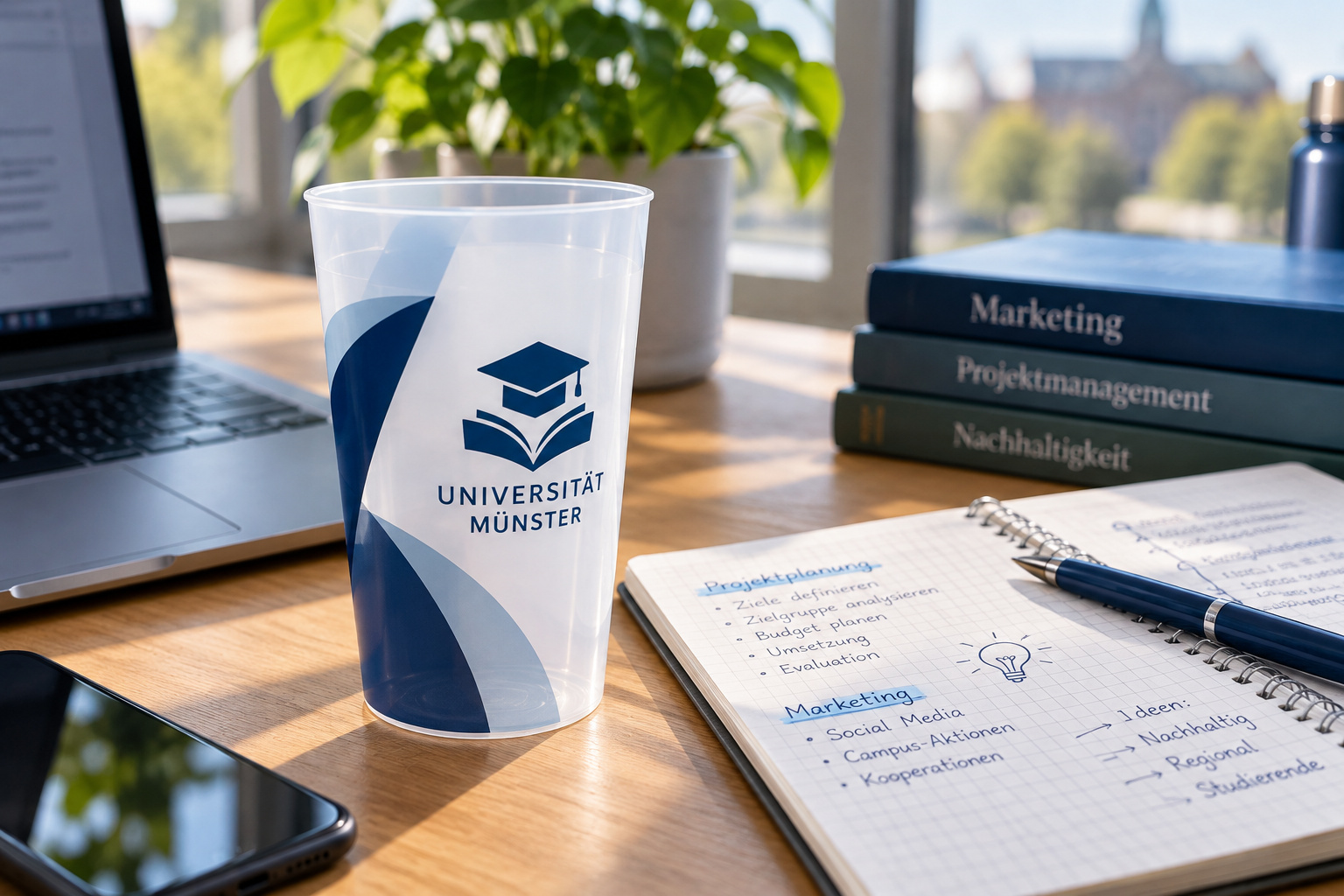 Bedruckter Mehrwegbecher mit Hochschullogo neben Notizen am Schreibtisch