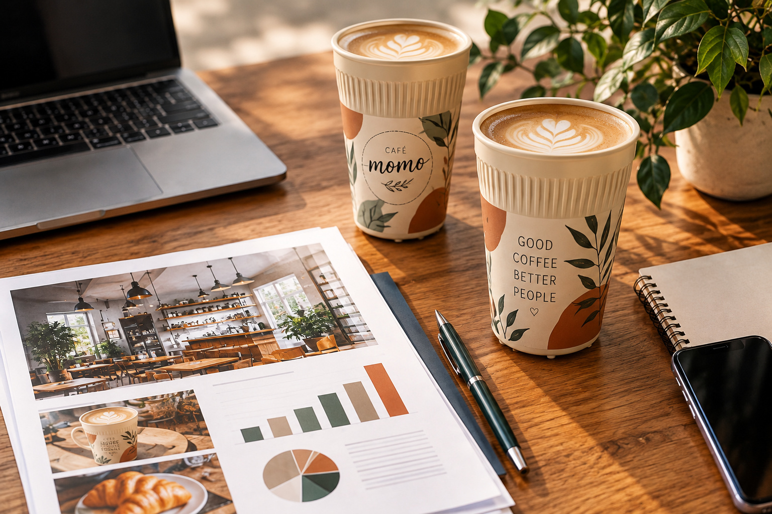 Businessplan-Unterlagen mit Kaffeetasse auf dem Tisch