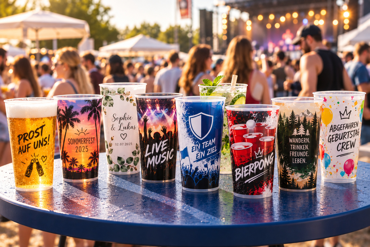 Bedruckte 400ml Mehrwegbecher auf einem Sommerfest