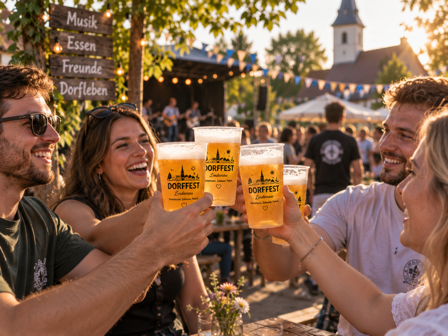 Bierbecher bedrucken für Vereinsfeste und private Feiern Freunde stoßen beim Dorffest mit individuell bedruckten CUPSTORYS Bierbechern an