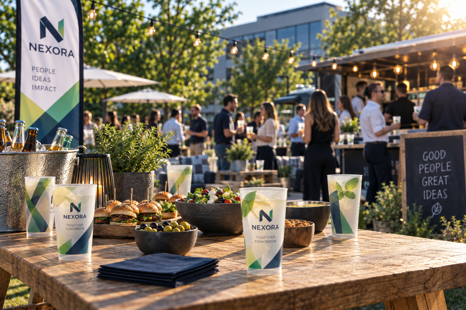 Festlich dekorierte Outdoor-Location für ein Firmensommerfest