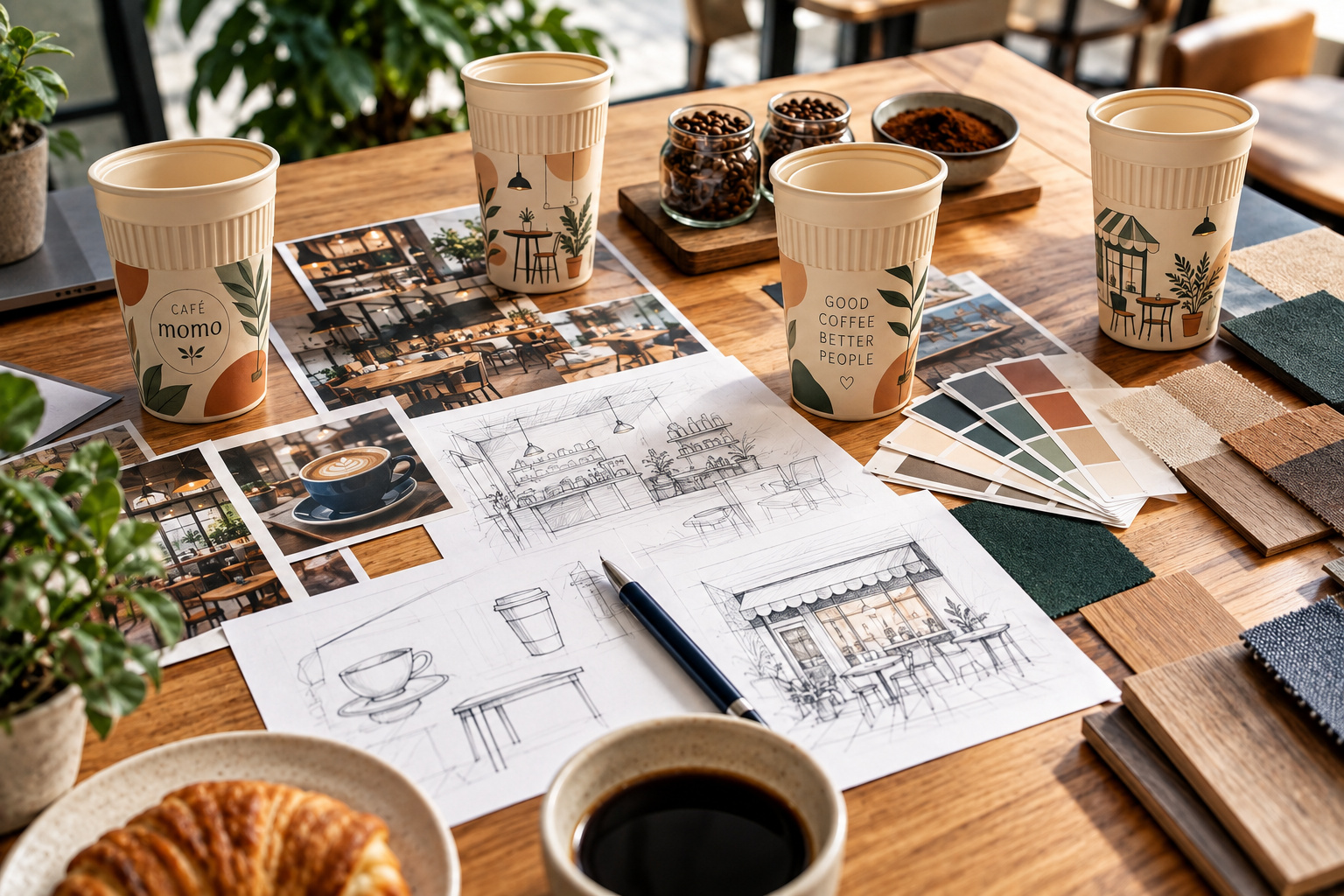 Konzeptskizzen und Kaffeeproben auf einem Tisch