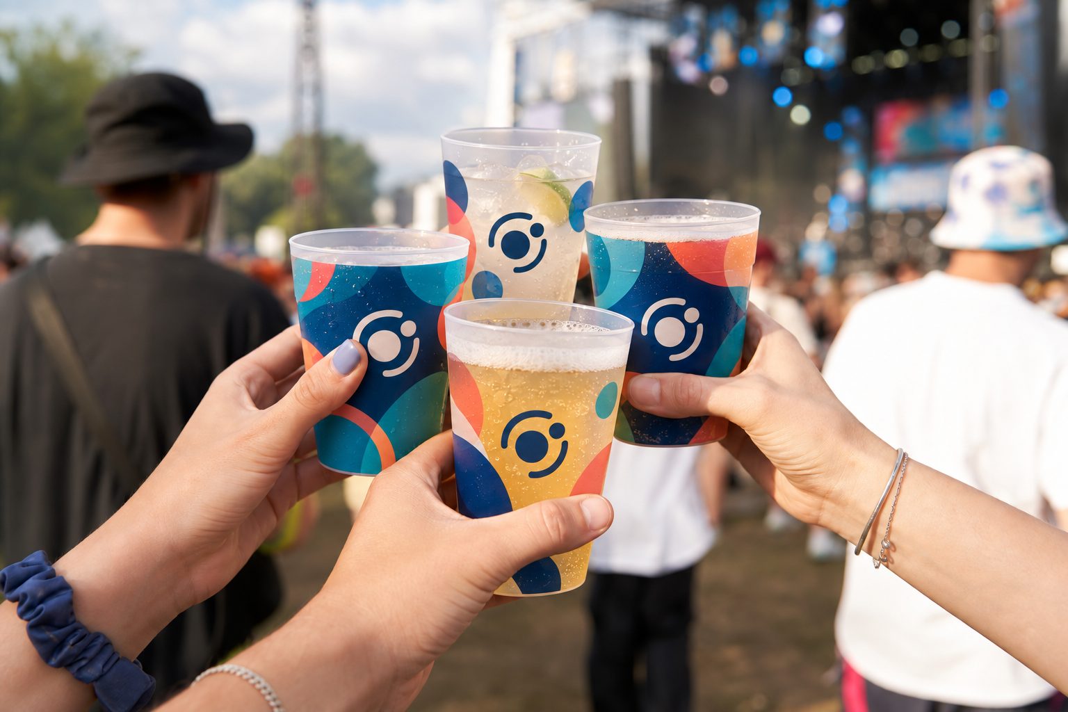 Mehrere Hände halten bedruckte Mehrwegbecher mit Unternehmenslogo auf einem belebten Outdoor-Event.