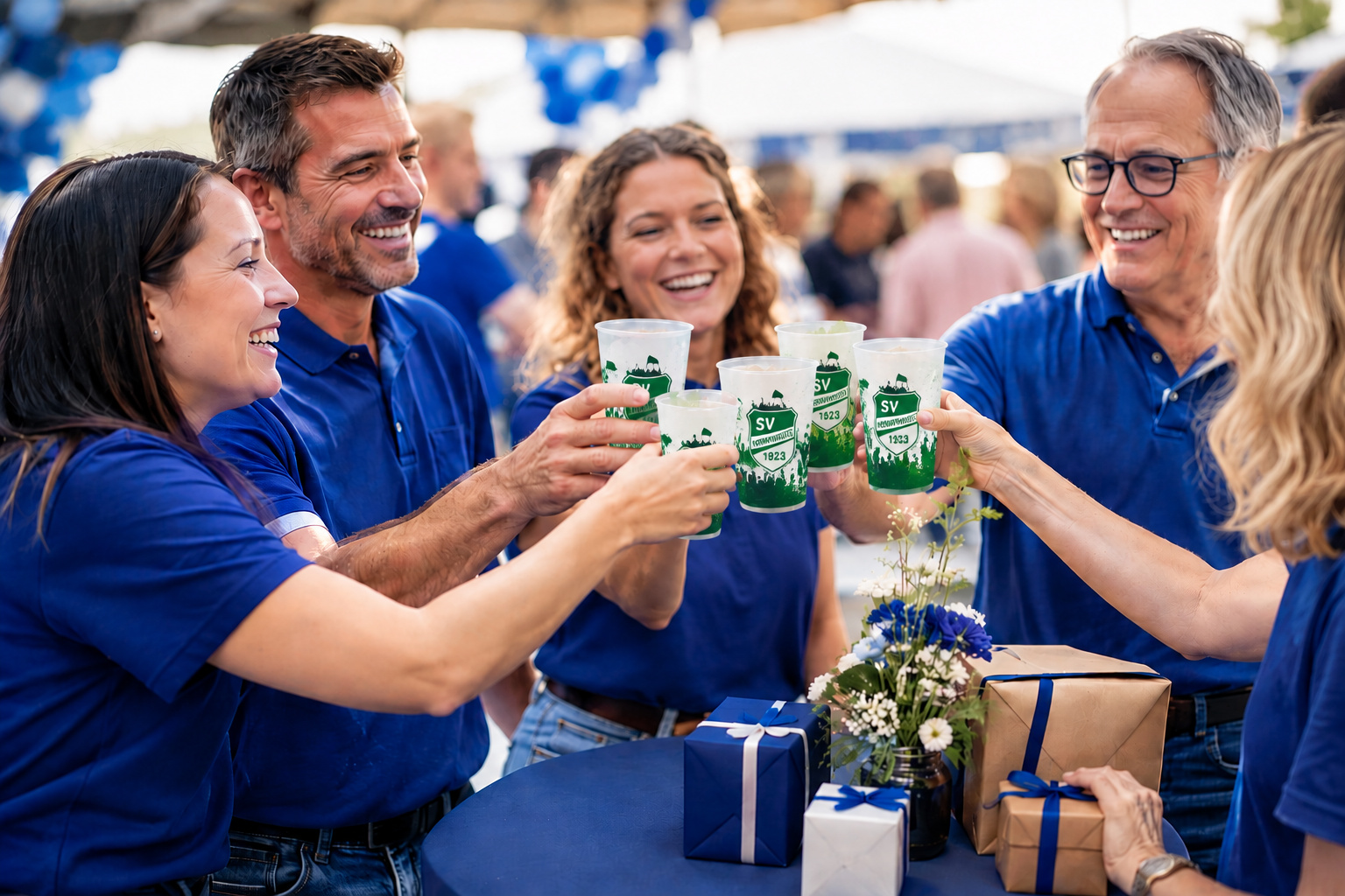 Mitglieder stoßen beim Jubiläumsfest mit Vereinsbechern an.