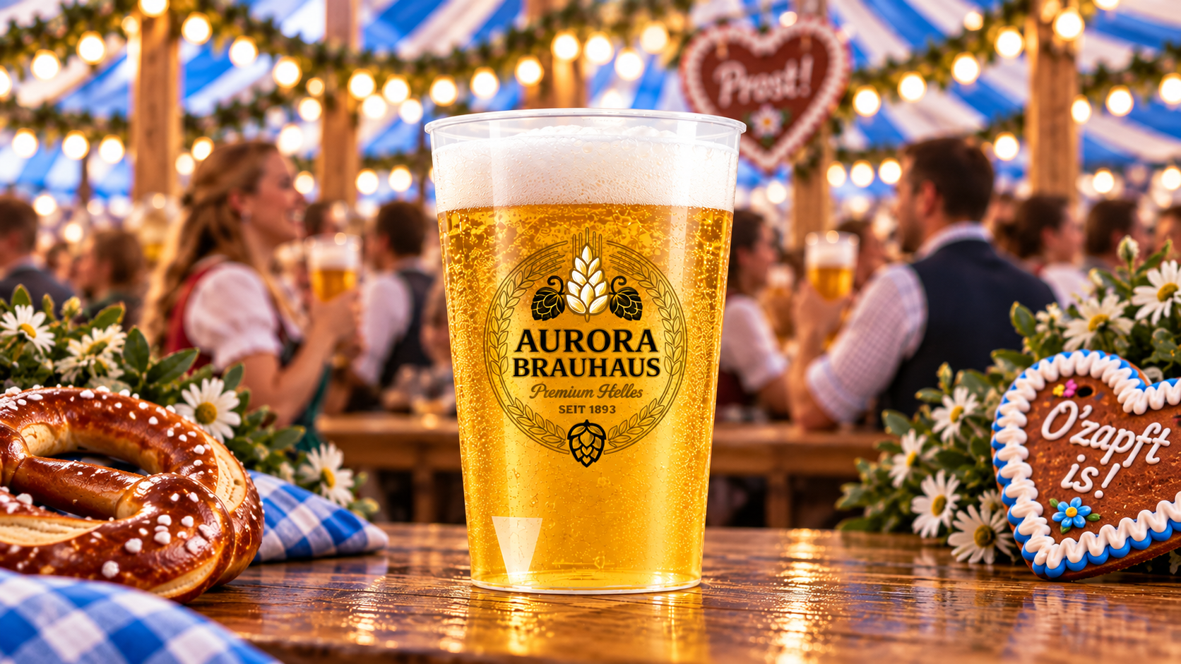 Bierbecher in der 1,0l Oktoberfest-Größe Bedruckter CUPSTORYS Bierbecher auf einem Tisch beim Oktoberfest mit Brezel