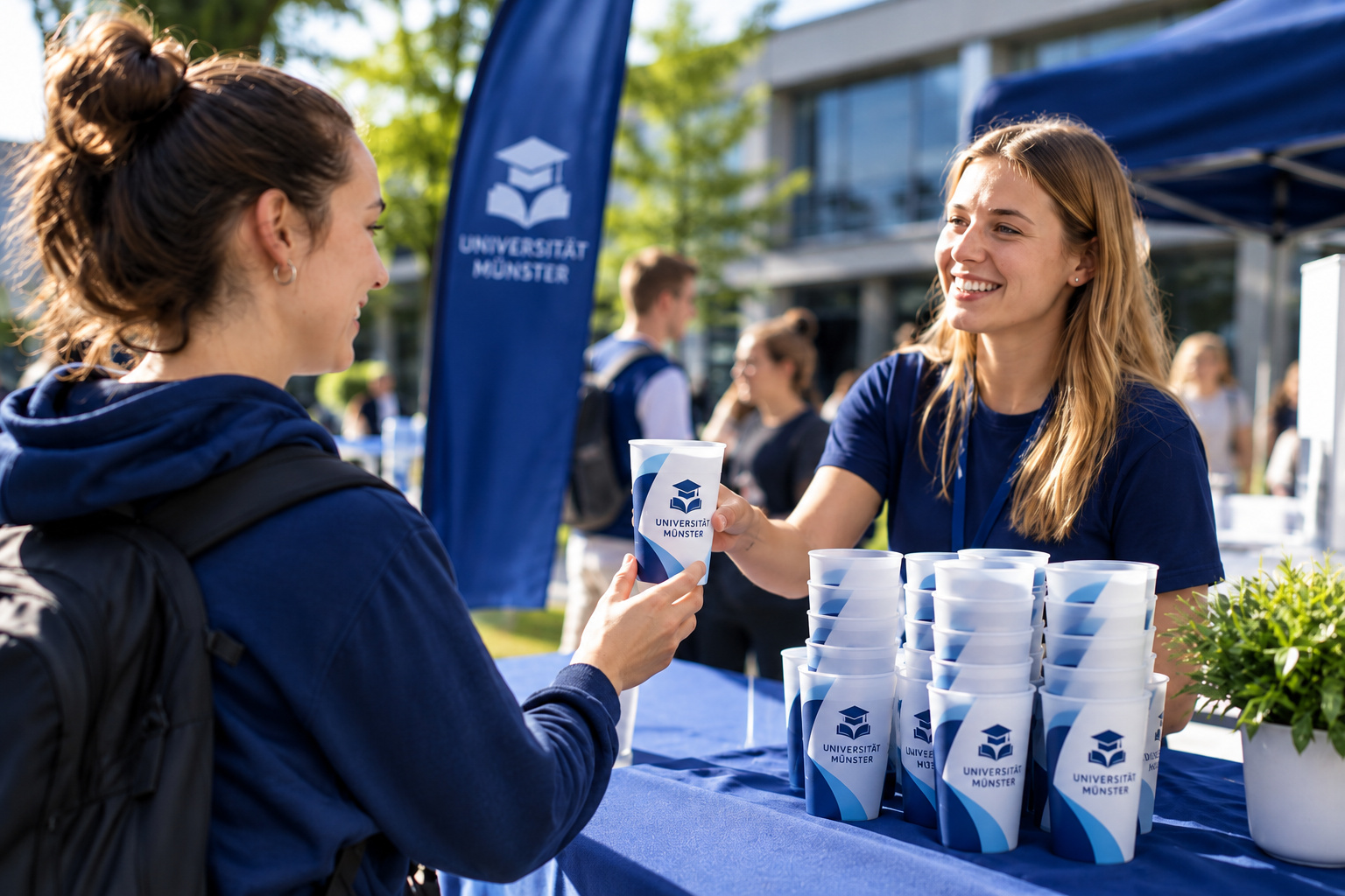 Sampling-Aktion in der Erstsemesterwoche mit bedruckten Mehrwegbechern