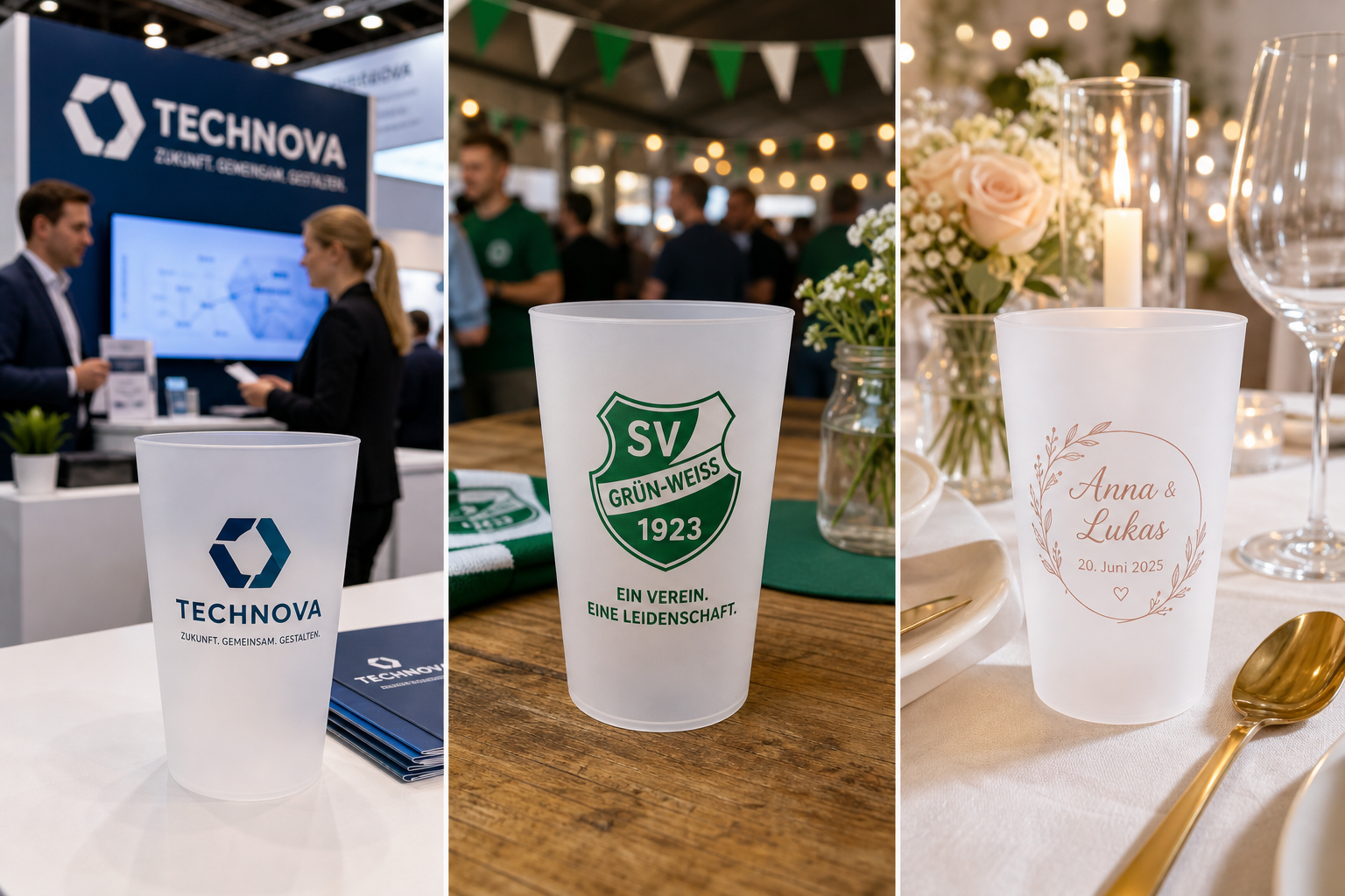 Werbebecher auf Messestand, Vereinsfeier und Hochzeitstisch