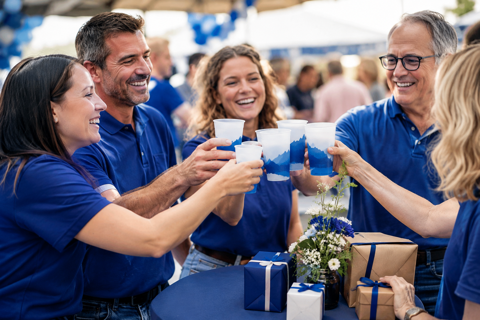 Mitglieder stoßen beim Jubiläumsfest mit Vereinsbechern an.