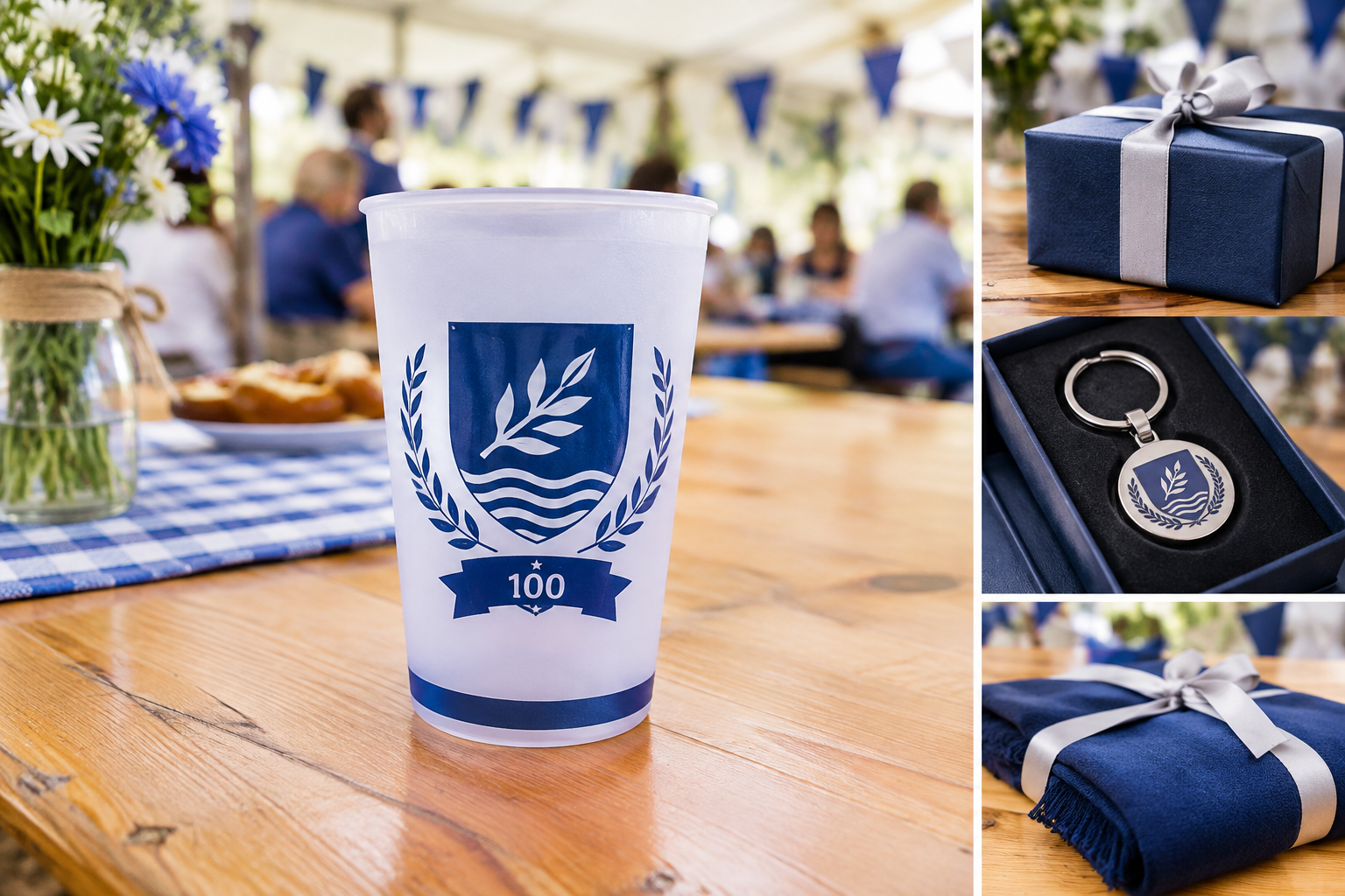 Jubiläumsbecher mit Vereinswappen auf dem Festzelttisch.