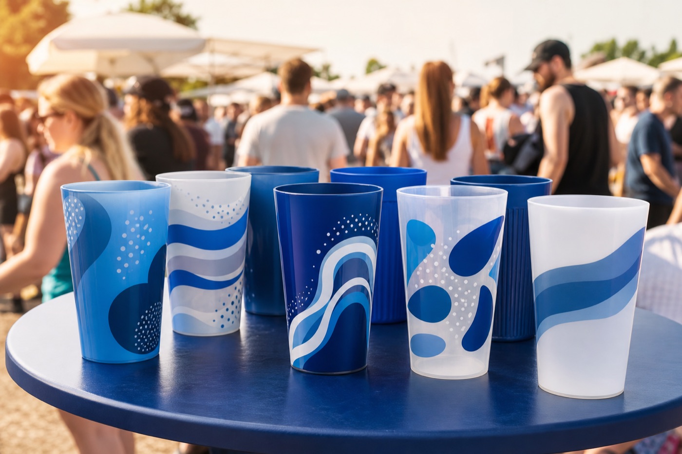 Bedruckte 400ml Mehrwegbecher auf einem Sommerfest