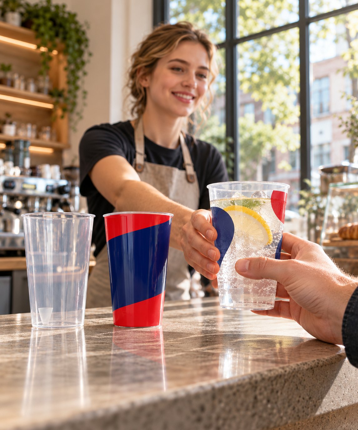 Verschiedene bedruckte und transparente Mehrwegbecher auf einer Caf&eacute;-Theke