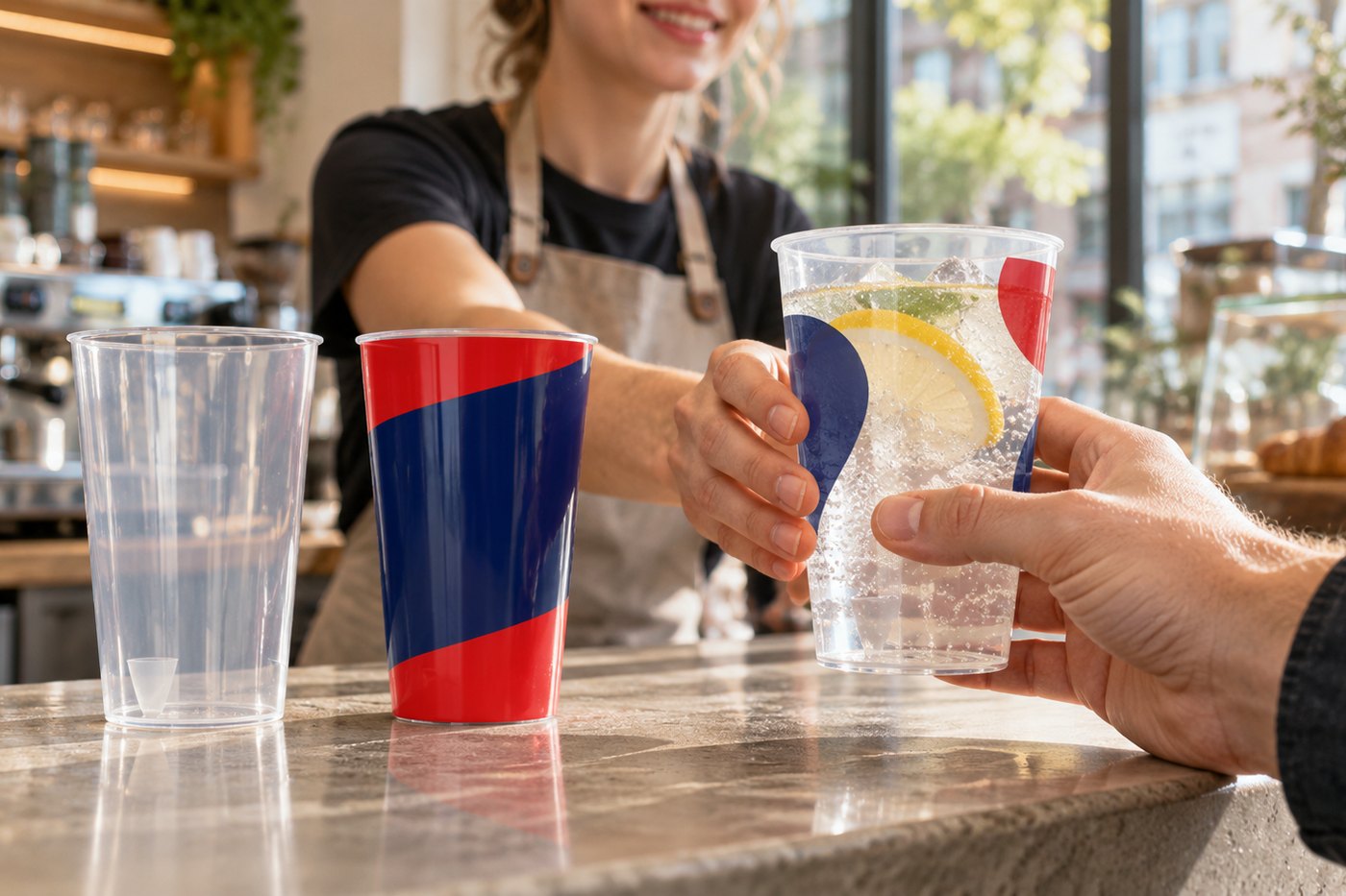 Mehrwegbecher im Caf&eacute;: gef&uuml;lltes Getr&auml;nk wird &uuml;ber die Theke gereicht