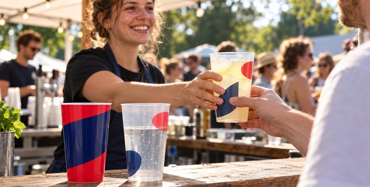Bedruckter Mehrwegbecher wird am Getr&auml;nkestand eines Festivals &uuml;ber die Theke gereicht
