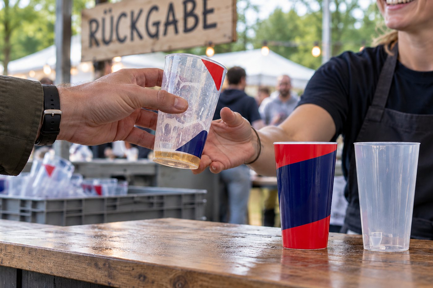 Gast gibt einen benutzten Mehrwegbecher an der R&uuml;ckgabestelle eines Festivals zur&uuml;ck