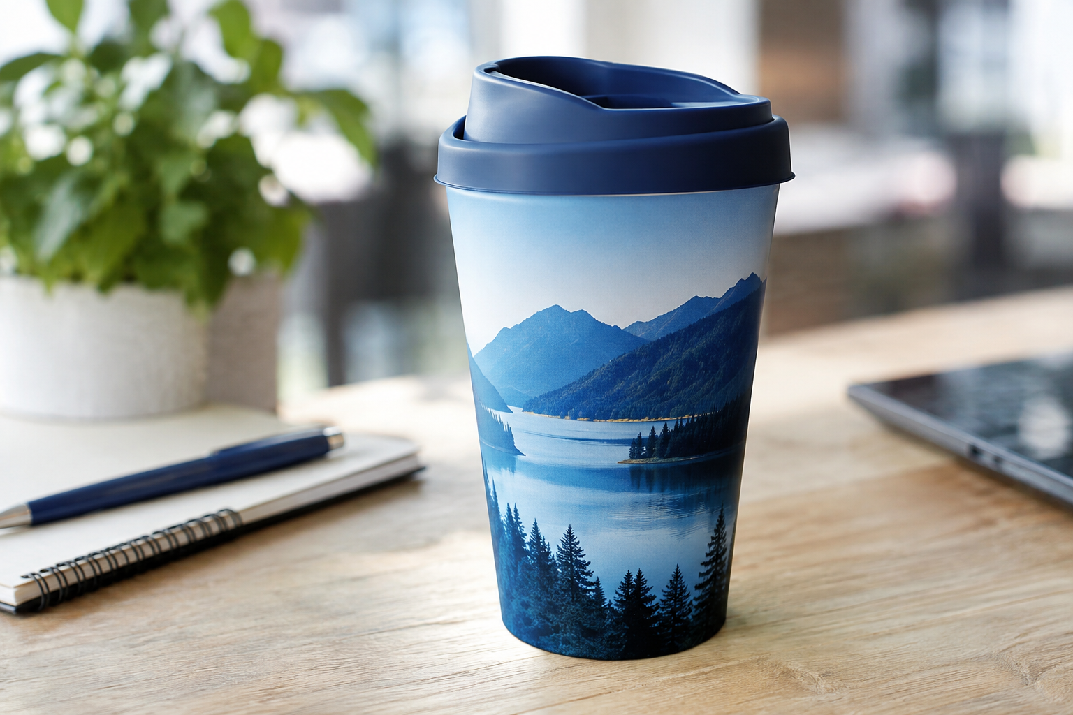 Nahaufnahme eines Bechers mit fotorealistischem Logodruck