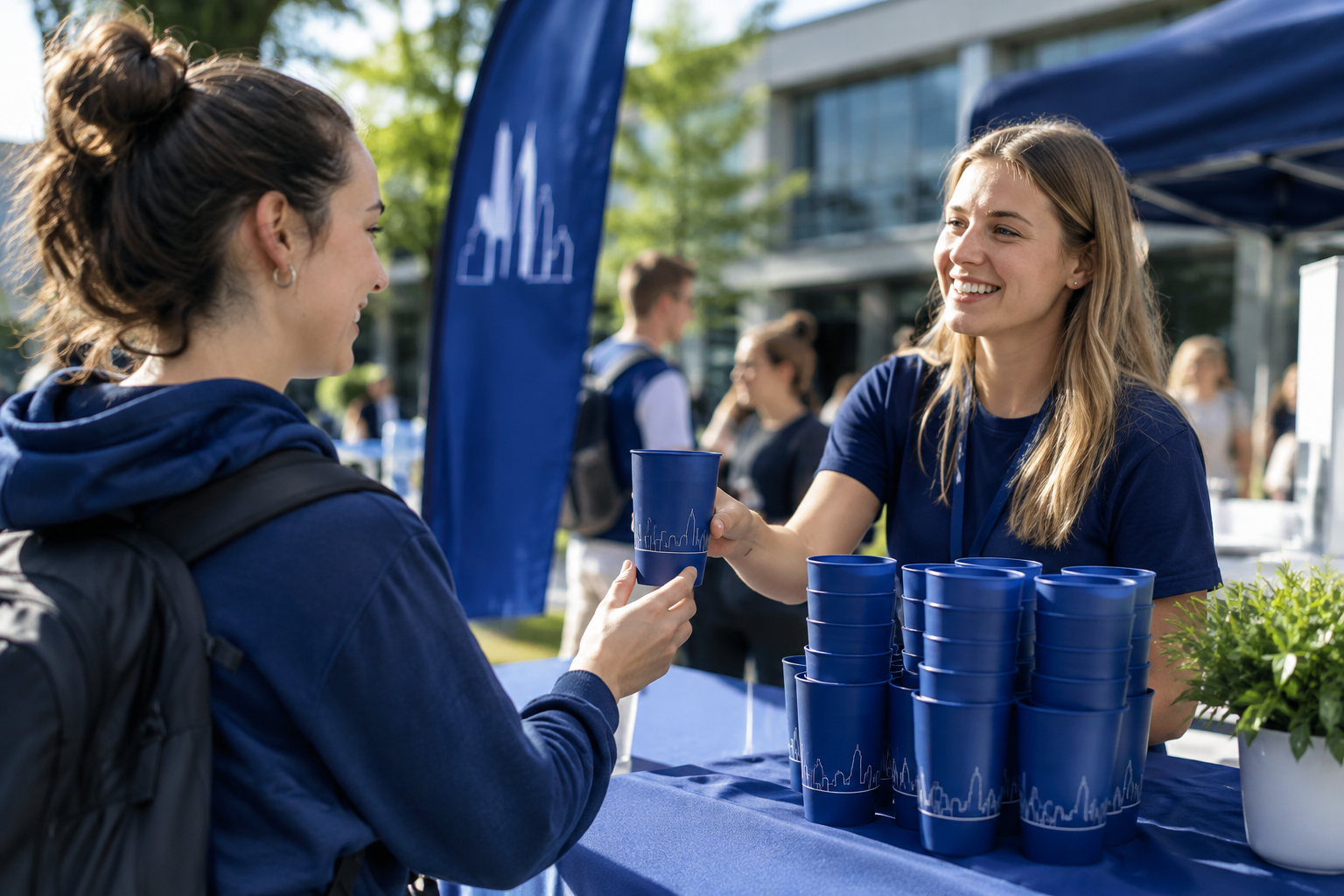 Sampling-Aktion in der Erstsemesterwoche mit bedruckten Mehrwegbechern