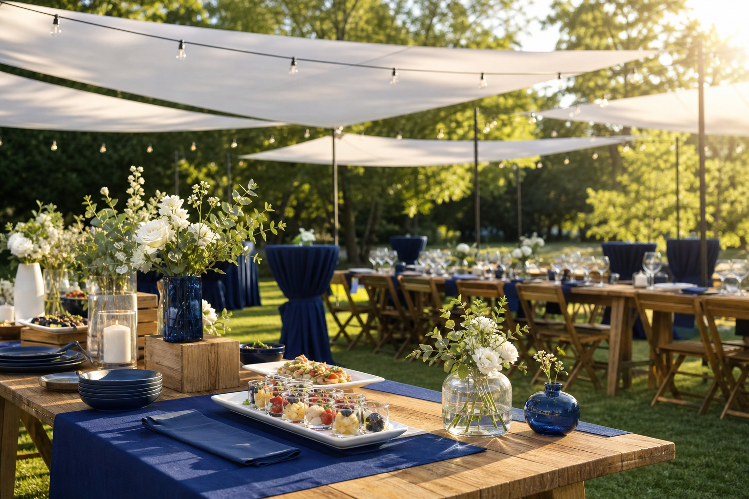 Outdoor-Location mit langen Tischen und Sonnenschirmen