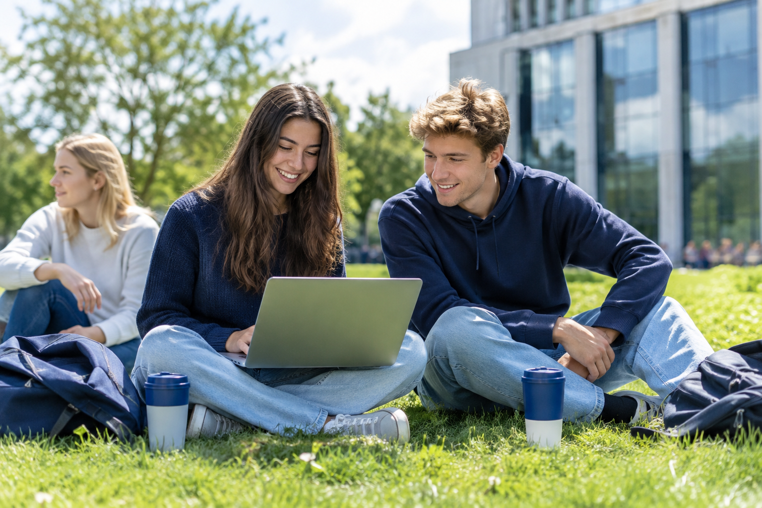 Studierende auf der Campus-Wiese mit Laptop und Mehrwegbechern