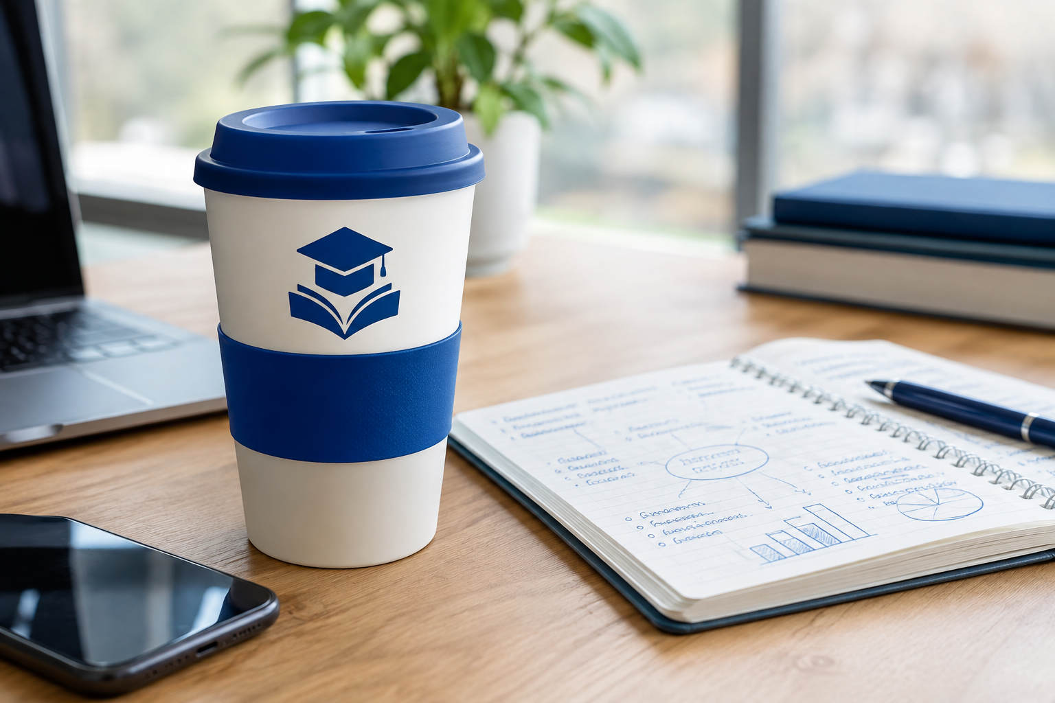 Bedruckter Mehrwegbecher mit Hochschullogo neben Notizen am Schreibtisch