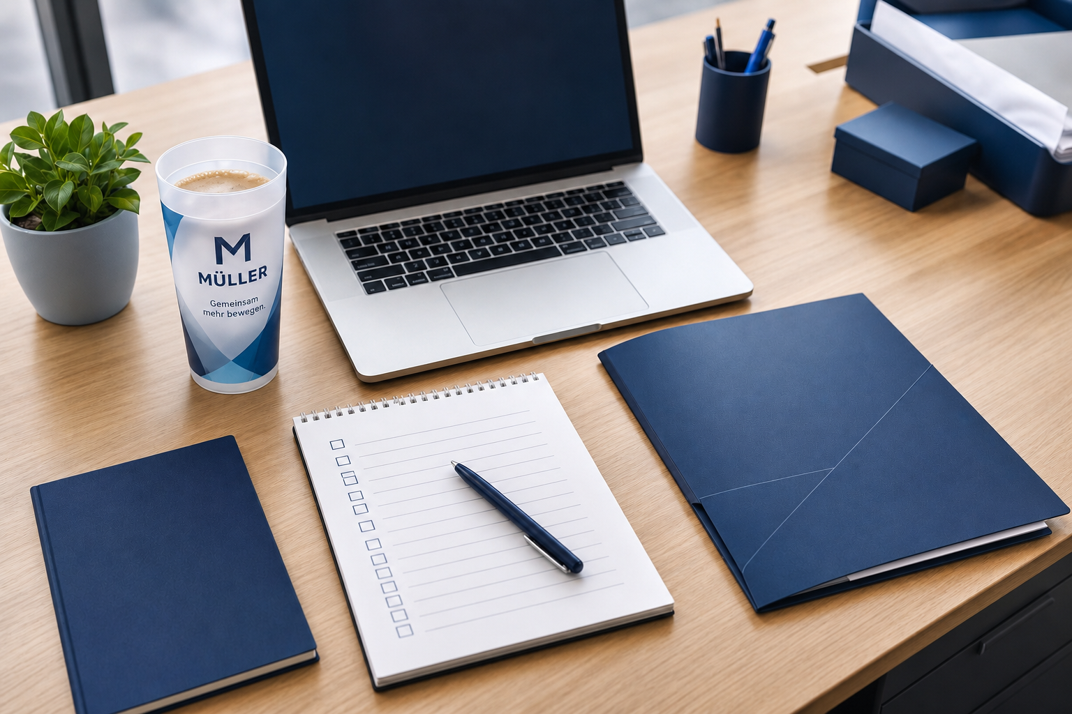 Vorbereiteter Arbeitsplatz mit Laptop und Welcome-Kit