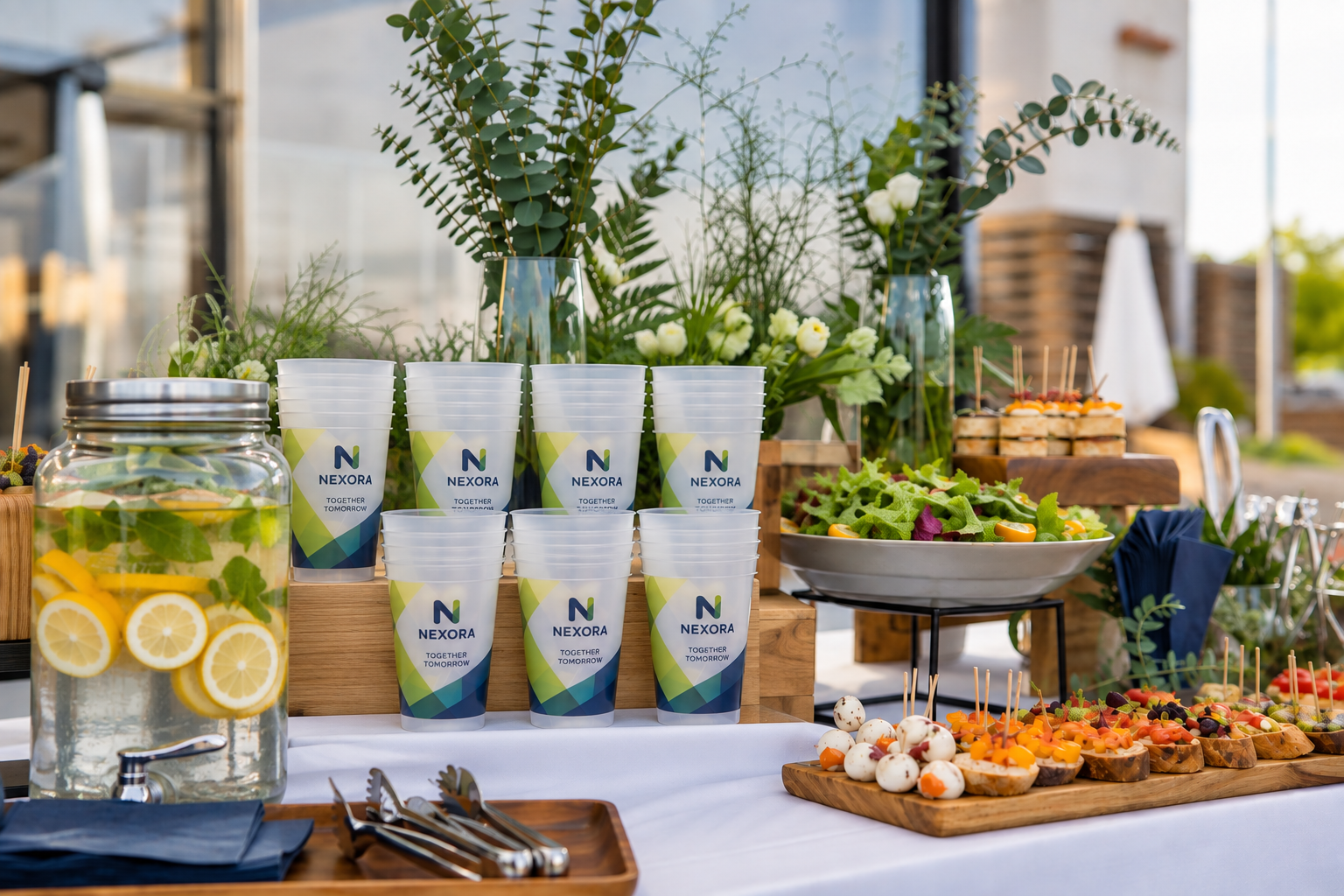 Sommerliches Catering-Buffet mit Mehrwegbechern